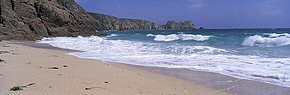 breakers at porthcurno beach