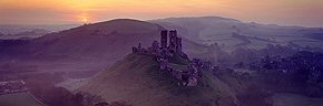 sunrise, corfe castle